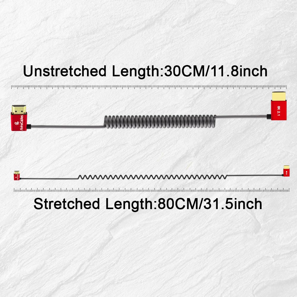 Alvin&#39;s Cables 8K HDMI Cable 2.1 48Gbps High Speed Φ2.4mm Ultra-Thin HDMI 8K@60Hz 4K@120Hz for Sony A7 A9, BMPCC, for Canon C70, for Atomos Ninja, for SmallHD, Right to Right Angle Coiled Cable