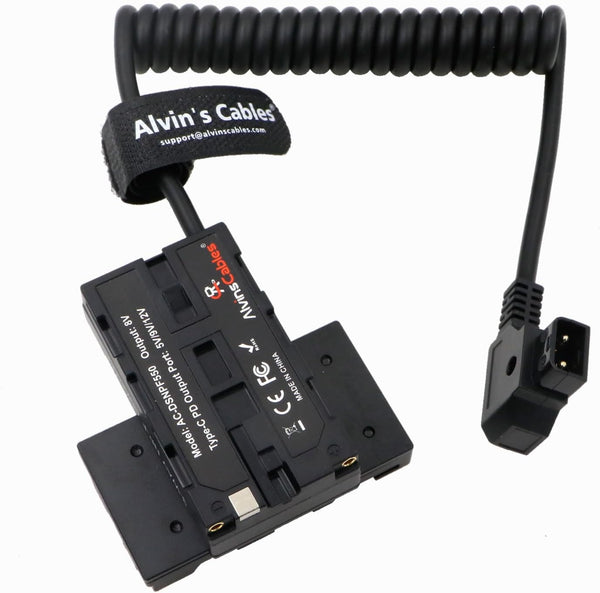 Alvin’s Cables D-Tap to Dual-Sided Cross-Shaped NP-F Dummy Battery with USB-C PD Power Cable for Atomos| SmallHD Monitor, Wireless Transmission, NP-F550| F570| F770| F970 Dummy Battery Coiled cable