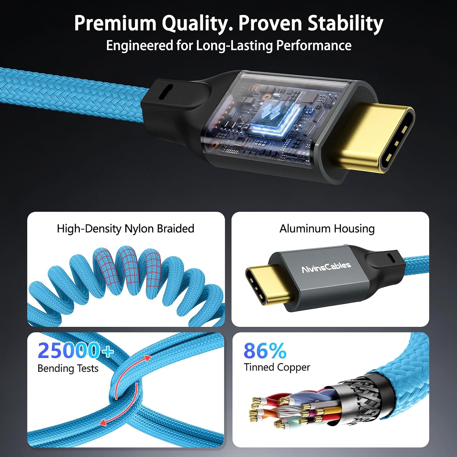 Coiled USB-C to USB-C Cable, Braided Right-Angled USB-C Cable, 40Gbps, 240W PD3.1 Charging, 8K@60Hz Video, USB 4.0 Type C for Thunderbolt 4/3, BMPCC, Canon R5/R6, Sony FX3/A7C, iPhone, Dock/SSD, Blue
