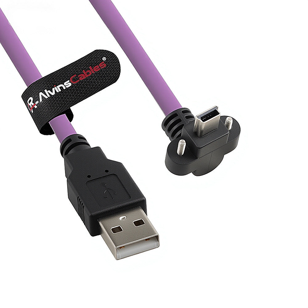 Alvin's Cables USB 2.0 Type-A to Locking Mini USB Up Angle Cable, 15mm Dual-Screw Spacing for Daheng Industrial Camera, High Flex Drag Chain Shielded, Convex Port, Purple