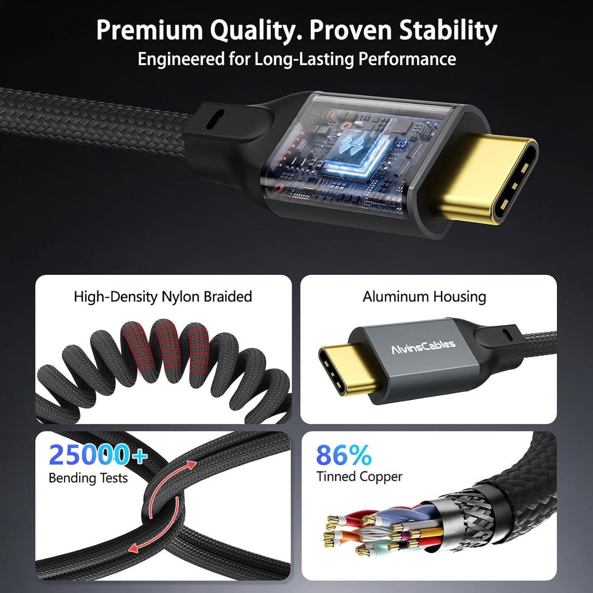 Coiled USB-C Cable, Braided USB-C to USB-C Cable, 40Gbps, 240W PD 3.1 Charging, 8K@60Hz Video, USB4.0 Type C for Thunderbolt 4/3, BMPCC, Canon R5/R6, Sony FX3/A7C, Mac, iPhone, USB-IF Certified