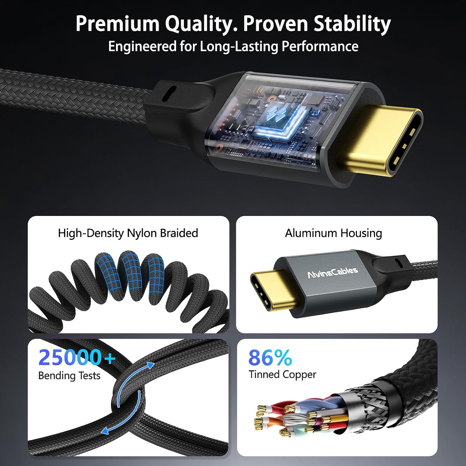 Coiled USB-C to USB-C Cable, Braided Right Angled USB-C Cable, 40Gbps, 240W PD 3.1 Charging, 8K@60Hz Video, USB4.0 Type C for Thunderbolt 4/3, BMPCC, Canon R5/R6, Sony FX3/A7C, iPhone, SSD/Dock, Black