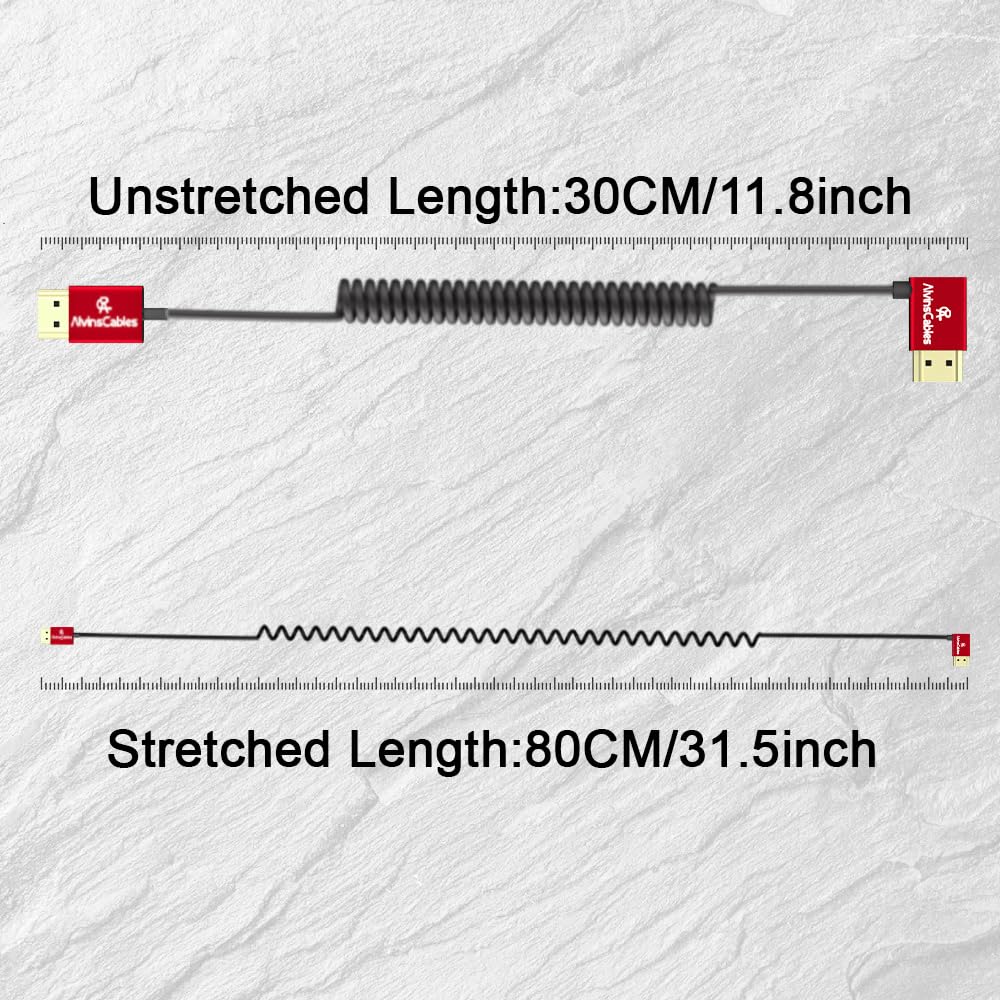 Alvin&#39;s Cables HDMI Cable 8K 2.1 48Gbps High Speed Φ2.4mm Ultra-Thin HDMI A to A 8K@60Hz 4K@120Hz for Canon C70, for Sony A7 A9 Camera, Atomos, SmallHD Monitor, Straight to Right Angle Coiled