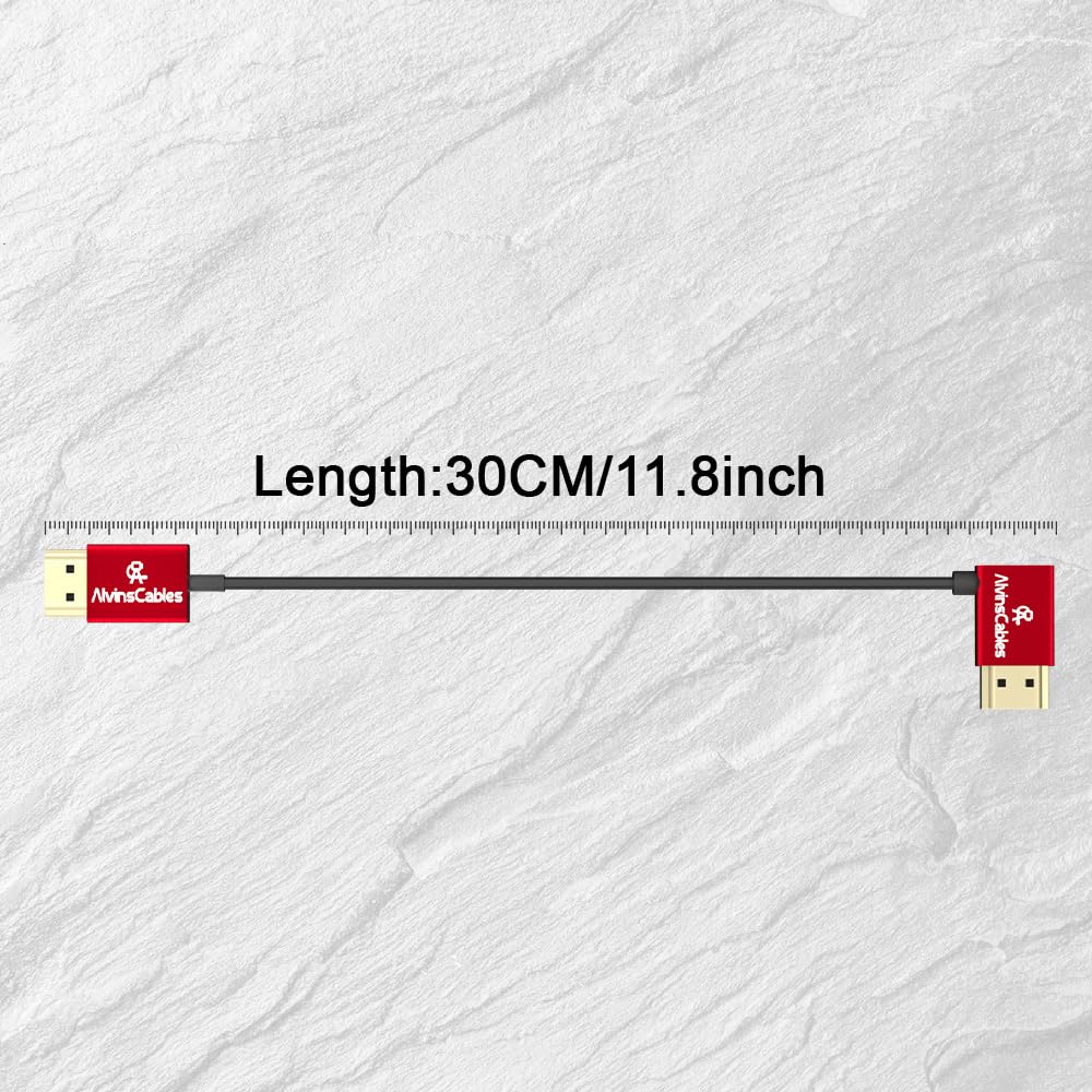 Alvin&#39;s Cables HDMI Cable 8K 2.1 48Gbps High Speed Φ2.4mm Ultra-Thin HDMI A to A 8K@60Hz 4K@120Hz for Canon C70, for Sony A7 A9 Camera, Atomos, SmallHD Monitor, Straight to Right Angle, 30cm| 11.8in