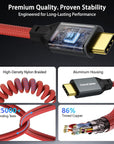 Coiled USB-C Cable, USB 3.2 Gen 2x2 20Gbps, 240W PD 3.1 Charging, 4K@60Hz Video, Right Angled Braided USB-C to USB-C Cable for BMPCC, Canon R5/R6, Sony FX3/A7C, ZCAM, Macbook, iPhone, Dock, SSD, Red