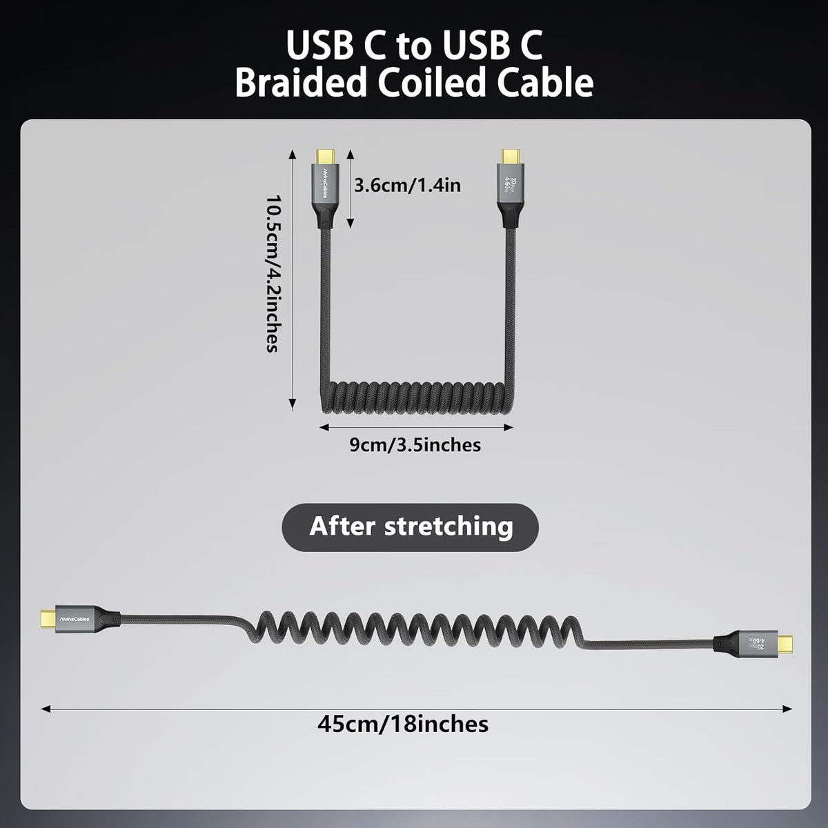 Alvin's Cables Coiled USB-C Cable, 20Gbps Data Transfer, 240W, 4K@60Hz