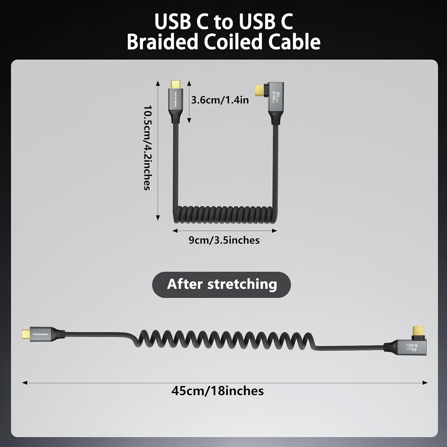 Coiled USB-C to USB-C Cable, Braided Right Angled USB-C Cable, 40Gbps, 240W PD 3.1 Charging, 8K@60Hz Video, USB4.0 Type C for Thunderbolt 4/3, BMPCC, Canon R5/R6, Sony FX3/A7C, iPhone, SSD/Dock, Black