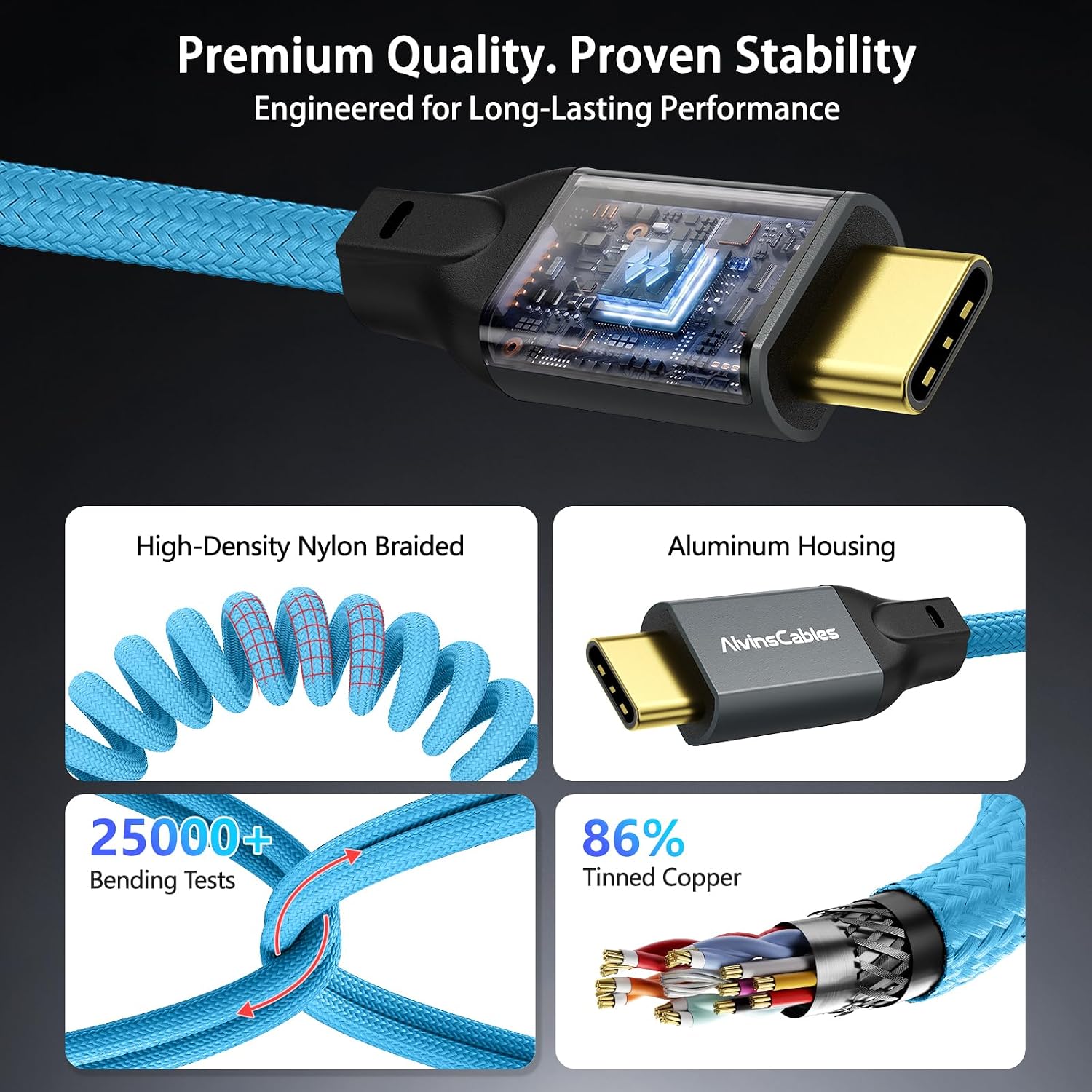 Coiled USB-C Cable, USB 3.2 Gen 2x2 20Gbps, 240W PD 3.1 Charging, 4K@60Hz Video, Right Angled Braided USB-C to USB-C Cable for BMPCC, Canon R5/R6, Sony FX3/A7C, ZCAM, Mac, iPhone, Dock, SSD, Blue