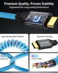 Coiled USB-C Cable, USB 3.2 Gen 2x2 20Gbps, 240W PD 3.1 Charging, 4K@60Hz Video, Right Angled Braided USB-C to USB-C Cable for BMPCC, Canon R5/R6, Sony FX3/A7C, ZCAM, Mac, iPhone, Dock, SSD, Blue