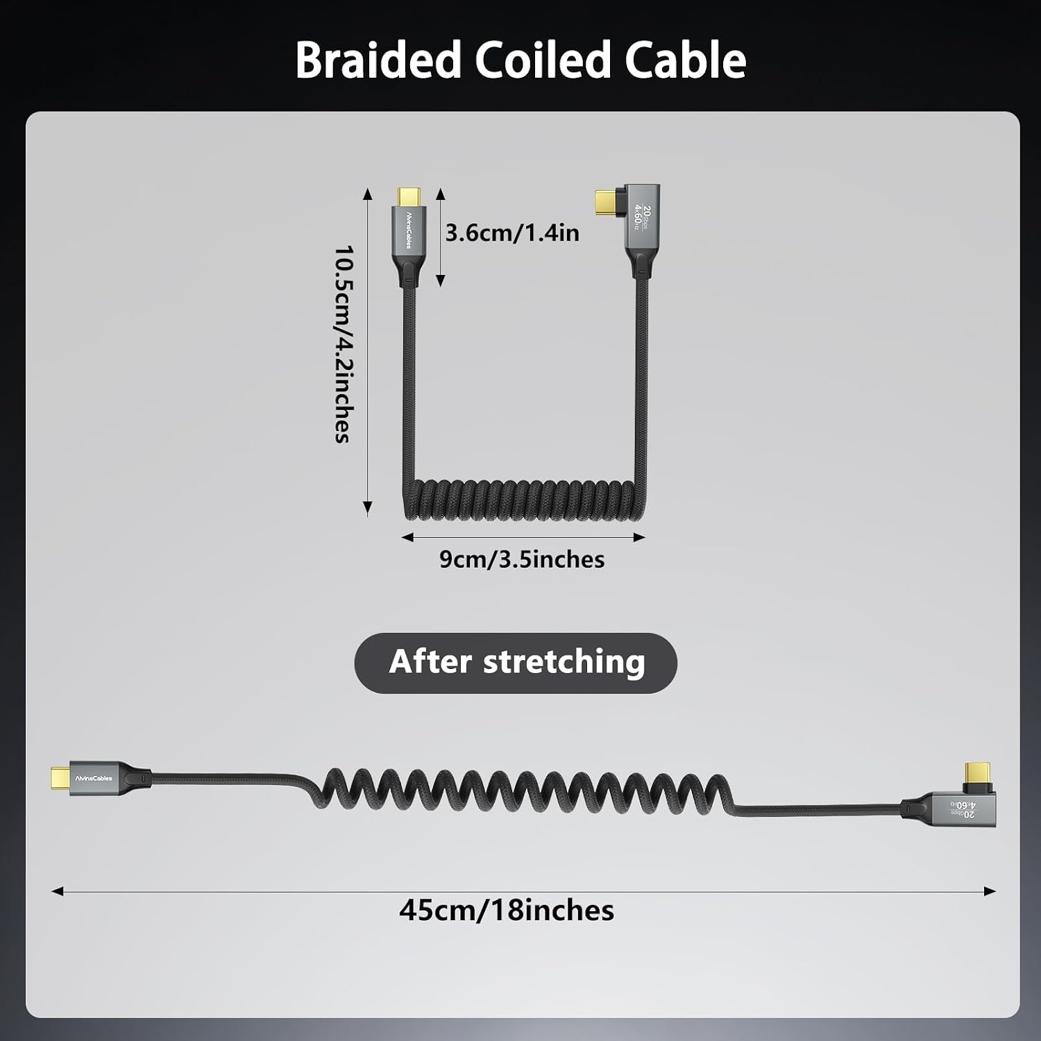 Coiled USB-C Cable, USB 3.2 Gen 2x2 20Gbps, 240W PD 3.1 Charging, 4K@60Hz Video, Right Angled Braided USB-C to USB-C Cable for BMPCC, Canon R5/R6, Sony FX3/A7C, ZCAM, Macbook/iPhone, Dock, SSD, Black