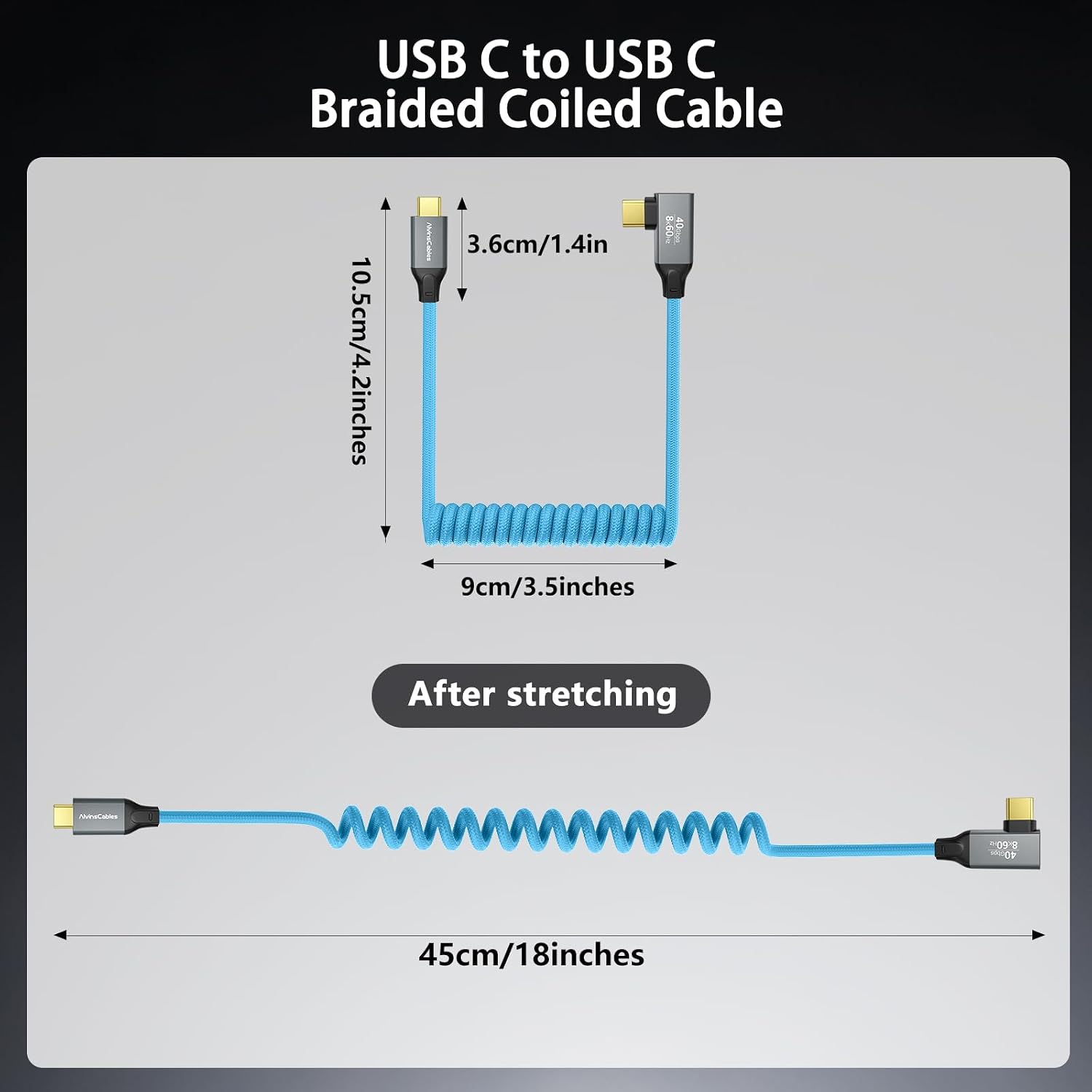 Coiled USB-C to USB-C Cable, Braided Right-Angled USB-C Cable, 40Gbps, 240W PD3.1 Charging, 8K@60Hz Video, USB 4.0 Type C for Thunderbolt 4/3, BMPCC, Canon R5/R6, Sony FX3/A7C, iPhone, Dock/SSD, Blue
