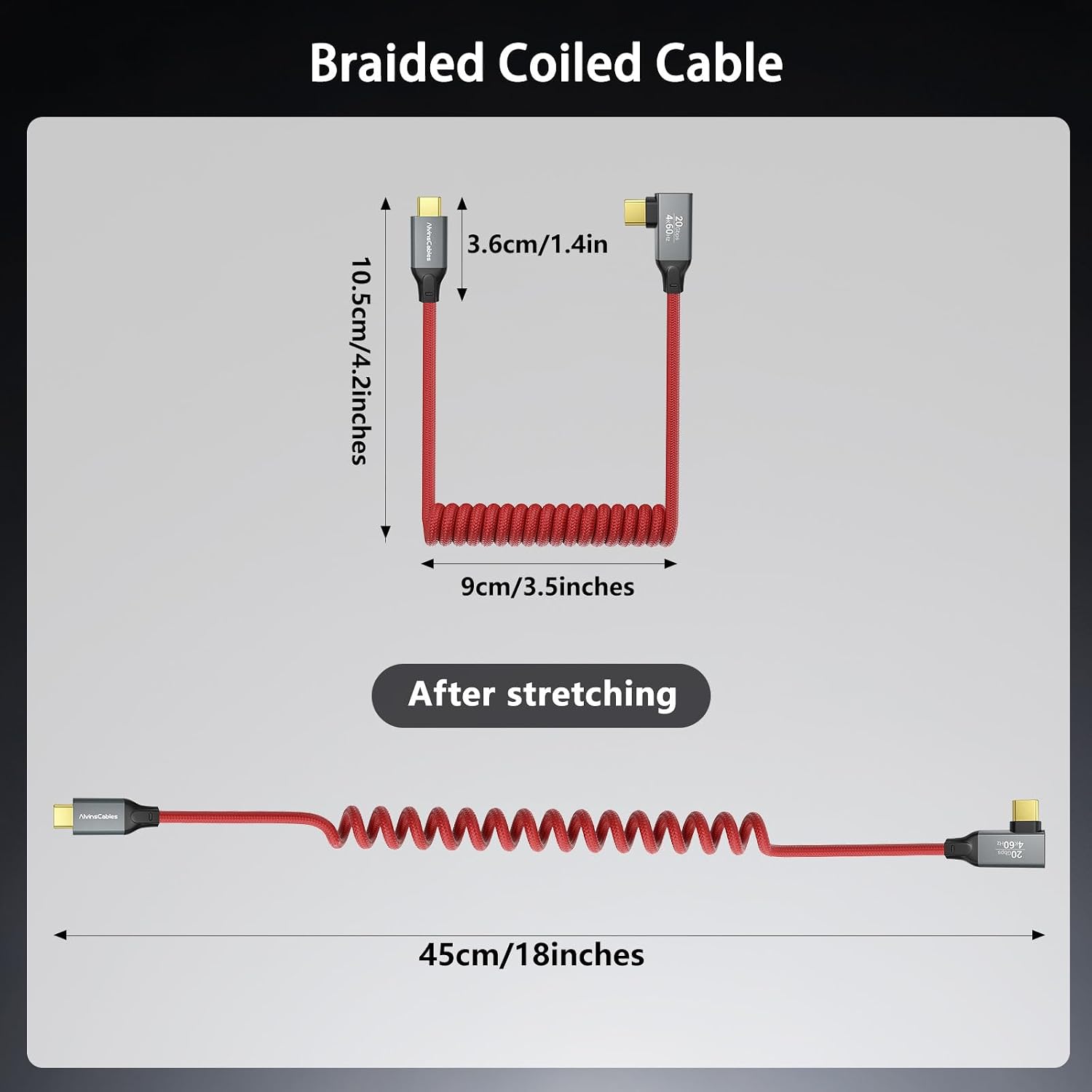 Coiled USB-C Cable, USB 3.2 Gen 2x2 20Gbps, 240W PD 3.1 Charging, 4K@60Hz Video, Right Angled Braided USB-C to USB-C Cable for BMPCC, Canon R5/R6, Sony FX3/A7C, ZCAM, Macbook, iPhone, Dock, SSD, Red