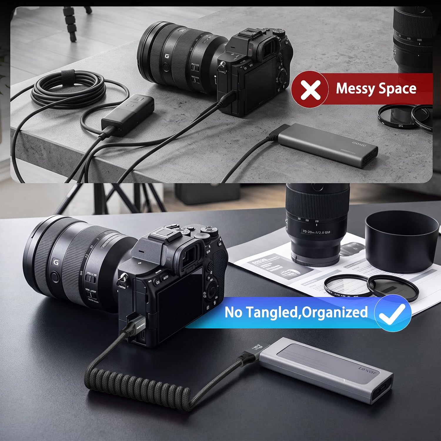 Coiled USB-C to USB-C Cable, Braided Right Angled USB-C Cable, 40Gbps, 240W PD 3.1 Charging, 8K@60Hz Video, USB4.0 Type C for Thunderbolt 4/3, BMPCC, Canon R5/R6, Sony FX3/A7C, iPhone, SSD/Dock, Black