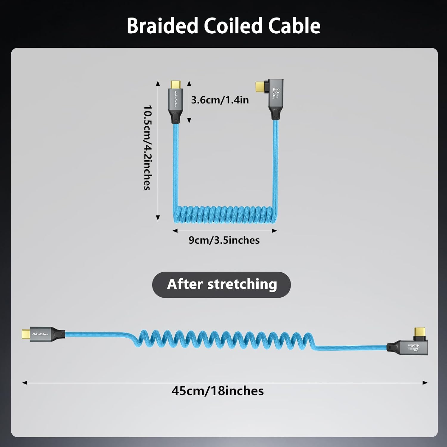 Coiled USB-C Cable, USB 3.2 Gen 2x2 20Gbps, 240W PD 3.1 Charging, 4K@60Hz Video, Right Angled Braided USB-C to USB-C Cable for BMPCC, Canon R5/R6, Sony FX3/A7C, ZCAM, Mac, iPhone, Dock, SSD, Blue