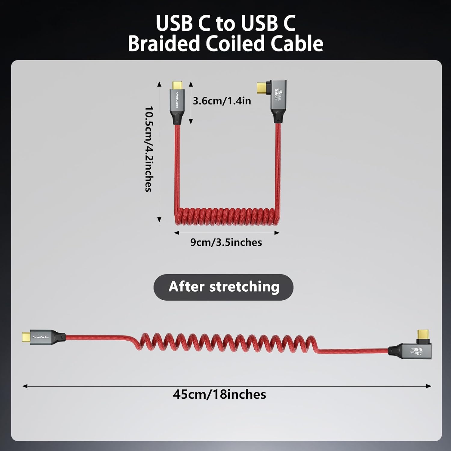 Coiled USB-C to USB-C Cable, Braided Right-Angled USB-C Cable, 40Gbps, 240W PD 3.1 Charging, 8K@60Hz Video, USB 4.0 Type C for Thunderbolt 4/3, BMPCC, Canon/Sony, Monitor, ZCAM, Mac, Dock/SSD, Red