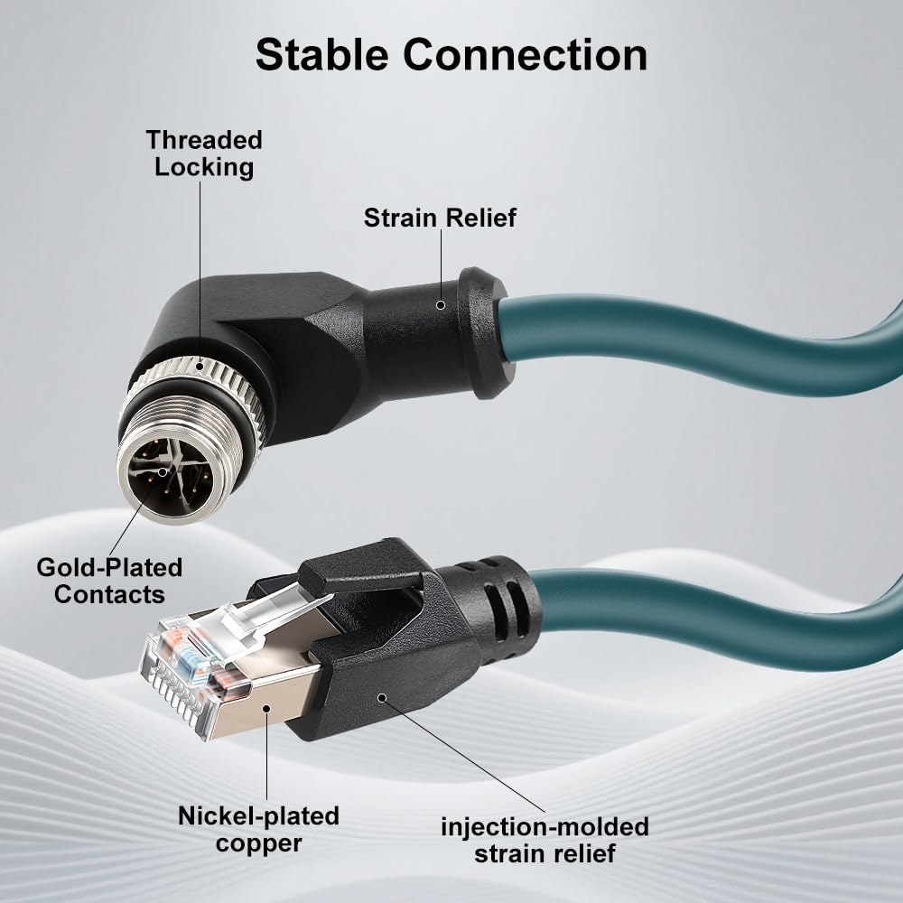 Alvin's Cables M12 X-Code 8 Pin Male to RJ45 Ethernet Cable for Cognex Kence Camera, High-Flex Cat6a Cable for Industrial Automation, Fieldbus Module, Robotics, Right Angle 98.4ft/30m Green