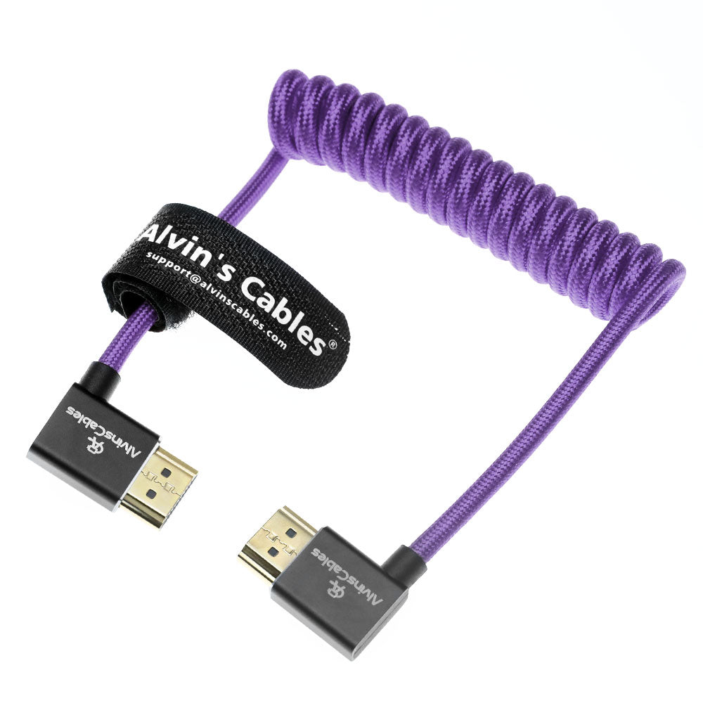 Alvin&#39;s Cables 8K HDMI 2.1 Cable 8K 60Hz 4K 120Hz High-Speed for Atomos Ninja Monitor,Left to Right Angle Braided Coiled Cable for Sony FS5 FS7 FX9,for Canon C300 C500,for Nikon Z9 Camera,Purple
