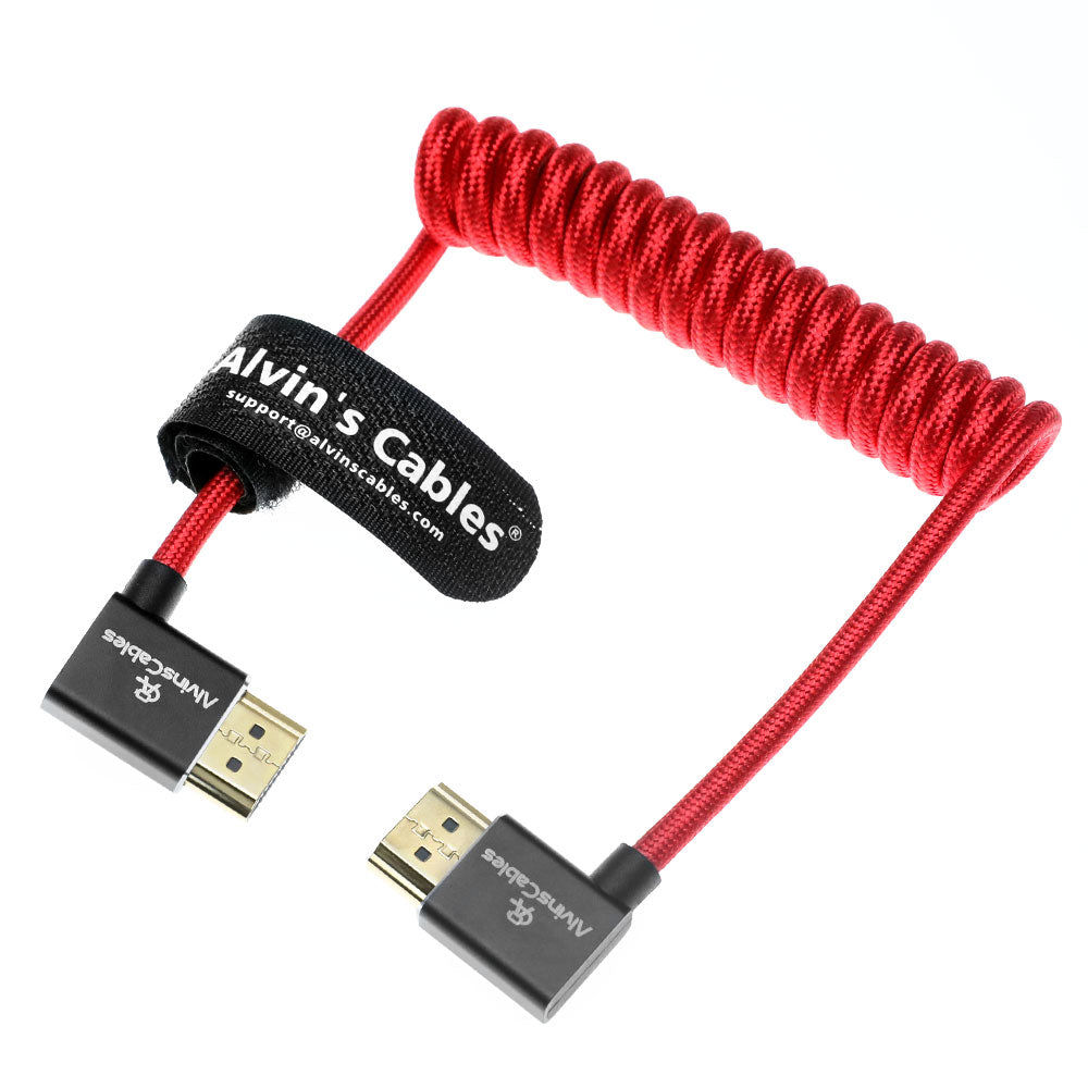 Alvin&#39;s Cables 8K HDMI 2.1 Cable 8K 60Hz 4K 120Hz High-Speed for Atomos Ninja Monitor,Left to Right Angle Braided Coiled Cable for Sony FS5 FS7 FX9,for Canon C300 C500,for Nikon Z9 Camera,Red