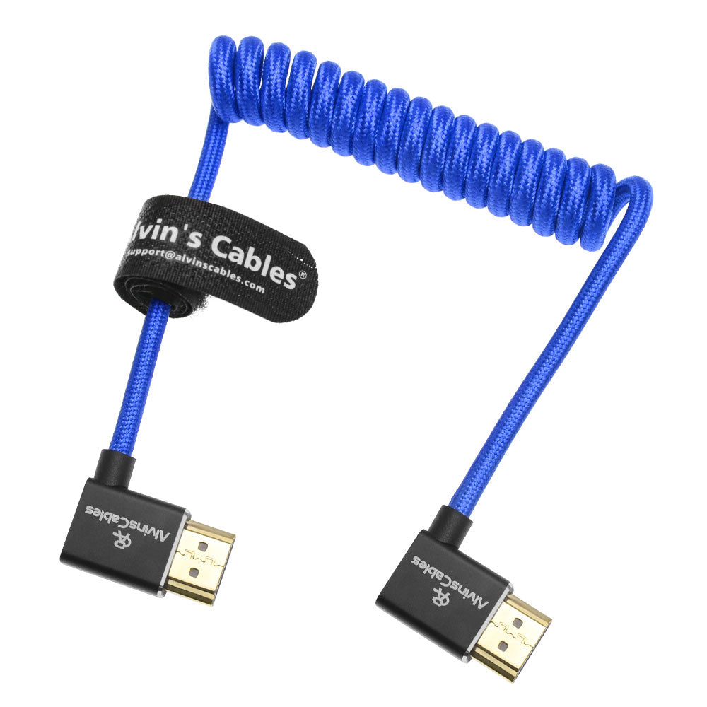Alvin&#39;s Cables 8K 2.1 HDMI Cable 48Gbps 8K@60Hz 4K@120Hz High Speed Braided Coiled Cable for Sony A7 A9, BMPCC, for Canon C70, for Atomos Ninja, for Feelworld, Left to Left Angle, Blue