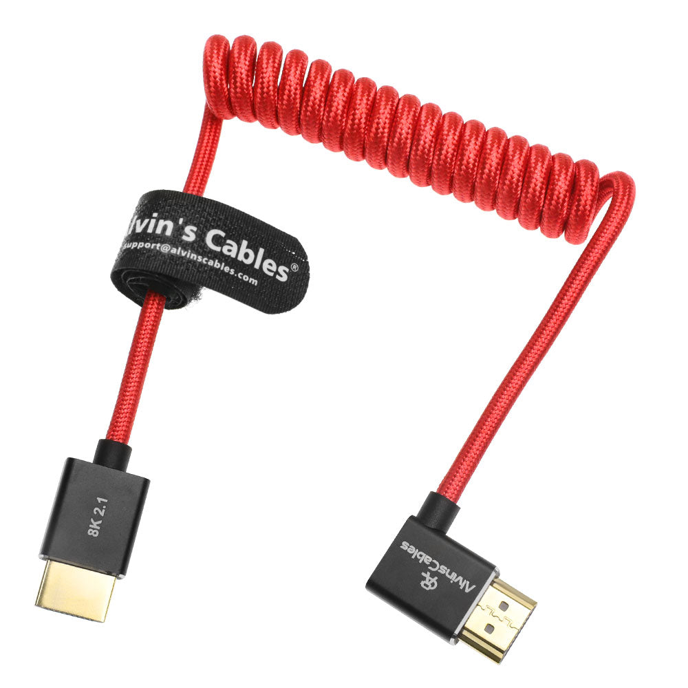 Alvin&#39;s Cables 8K HDMI 2.1 Cable for Atomos Ninja V Monitor,for Sony FS5 FS7,BMPCC,for Canon C300 C500 Camera,8K@60Hz 4K@120Hz 48Gbps High-Speed Braided Coiled Cable Left Angle Red