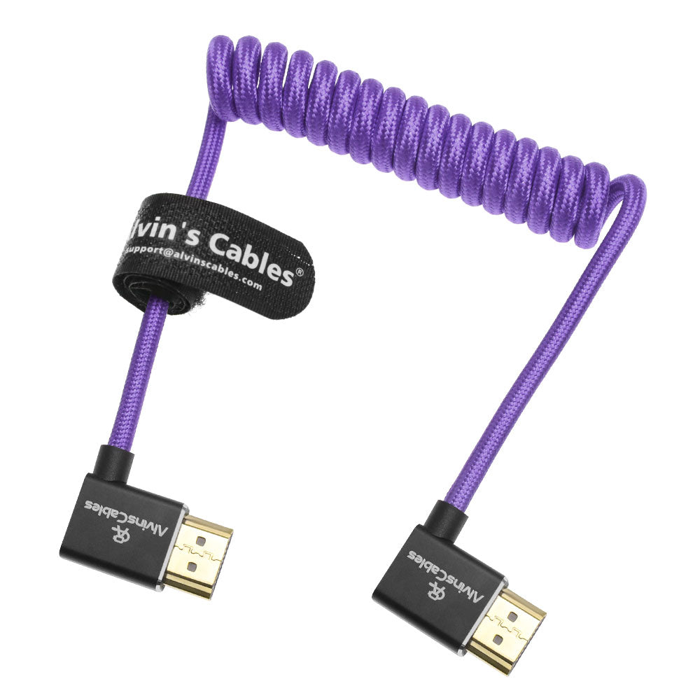Alvin&#39;s Cables 8K 2.1 HDMI Cable 48Gbps 8K@60Hz 4K@120Hz High Speed Braided Coiled Cable for Sony A7 A9, BMPCC, for Canon C70, for Atomos Ninja, for Feelworld, Left to Left Angle, Purple