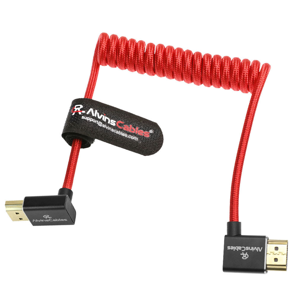 Alvin&#39;s Cables 8K HDMI 2.1 Cable 8K@60Hz 4K@120Hz High-Speed Braided Coiled Cable for Atomos Ninja,for Feelworld,for Sony FS5 FS7 FX9,BMPCC,for Canon C300 C500,Left to Up Angle Red