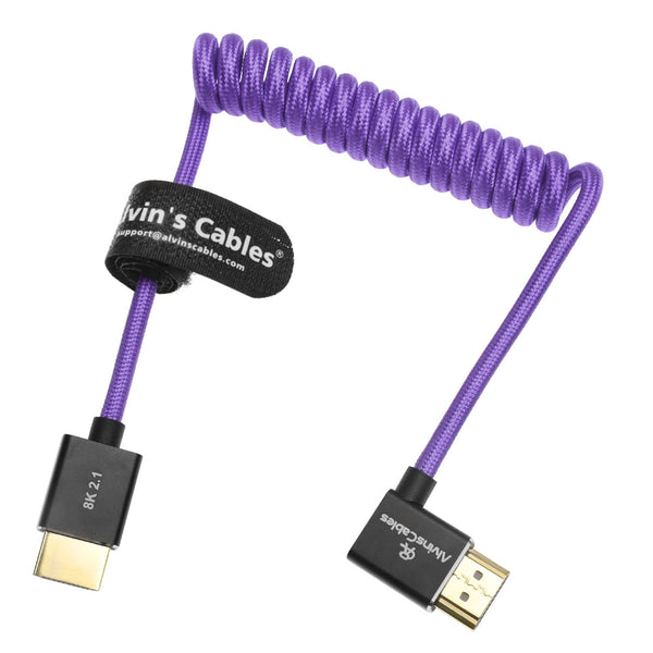 Alvin's Cables 8K HDMI 2.1 Cable for Atomos Ninja V Monitor,for Sony FS5 FS7,BMPCC,for Canon C300 C500 Camera,8K@60Hz 4K@120Hz 48Gbps High-Speed Braided Coiled Cable Left Angle Purple