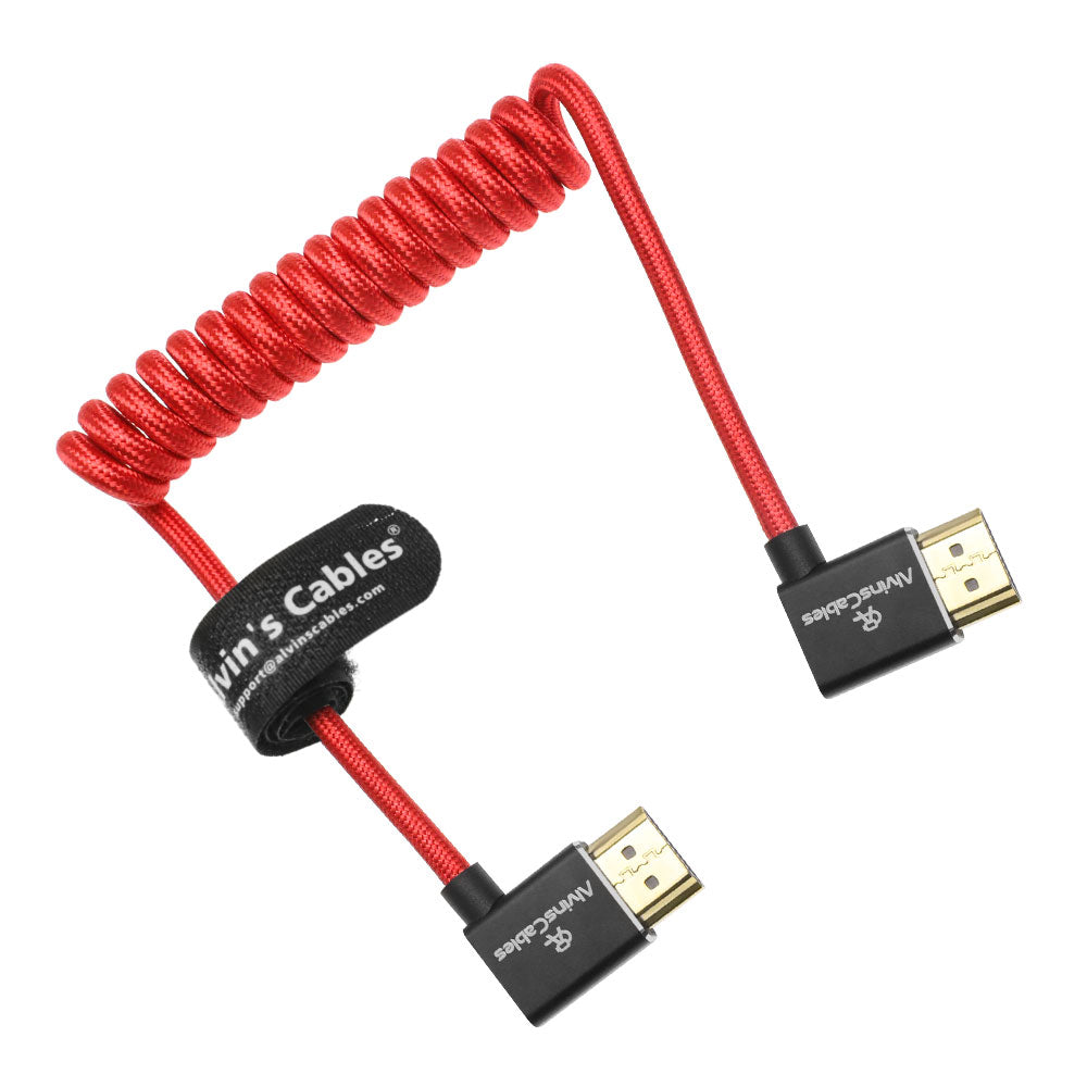 Alvin&#39;s Cables 8K 2.1 HDMI Cable 48Gbps 8K@60Hz 4K@120Hz High Speed Braided Coiled Cable for Sony A7 A9, BMPCC, for Canon C70, for Atomos Ninja, for Feelworld, Left to Left Angle, Red