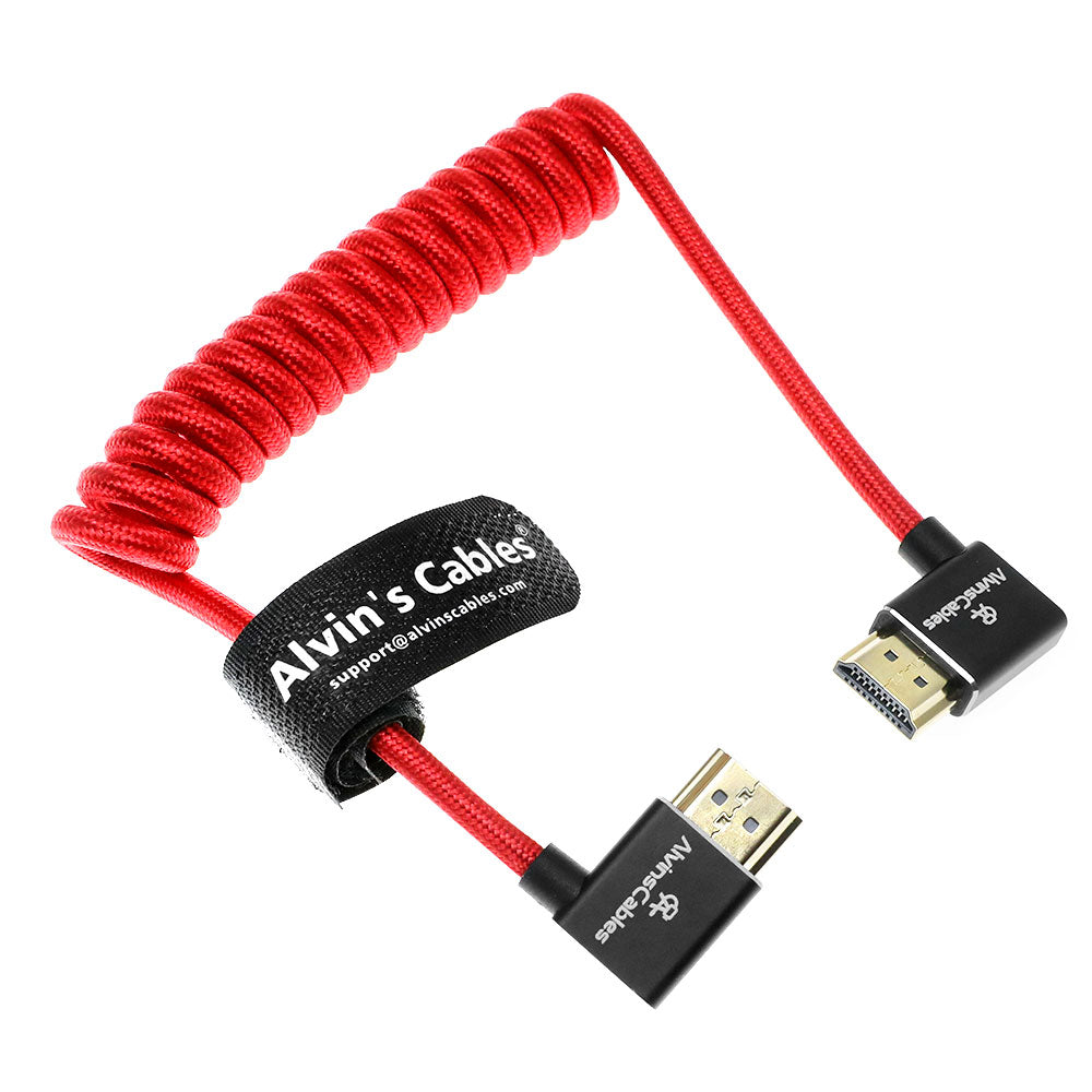 Alvin&#39;s Cables 8K HDMI 2.1 Cable 8K 60Hz 4K 120Hz High-Speed for Atomos Ninja Monitor,Left to Right Angle Braided Coiled Cable for Sony FS5 FS7 FX9,for Canon C300 C500,for Nikon Z9 Camera,Red