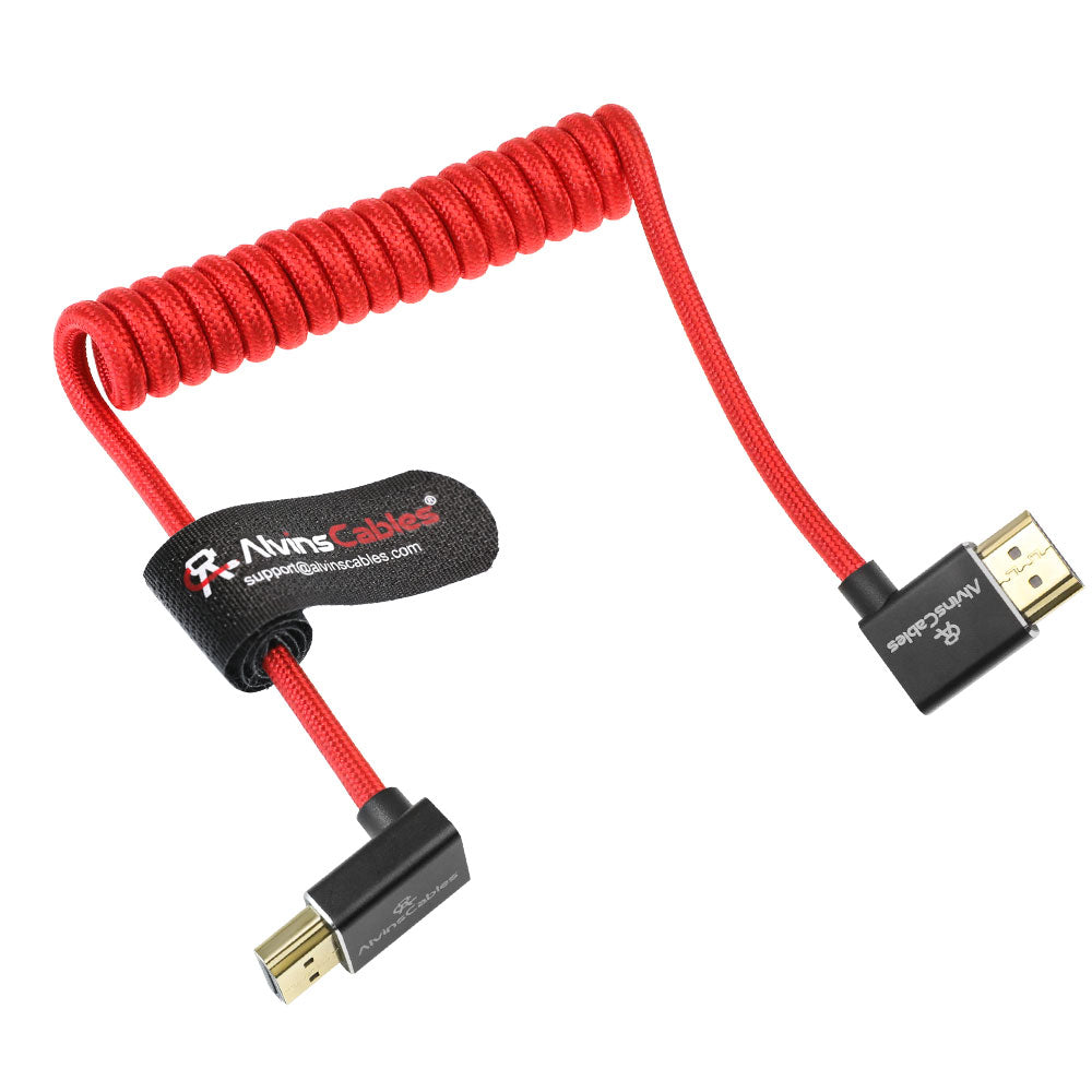 Alvin&#39;s Cables 8K HDMI 2.1 Cable 8K@60Hz 4K@120Hz High-Speed Braided Coiled Cable for Atomos Ninja,for Feelworld,for Sony FS5 FS7 FX9,BMPCC,for Canon C300 C500,Left to Up Angle Red