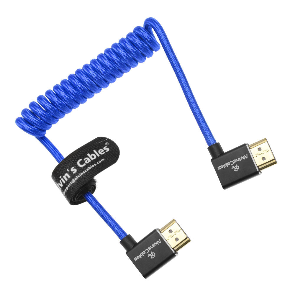 Alvin&#39;s Cables 8K 2.1 HDMI Cable 48Gbps 8K@60Hz 4K@120Hz High Speed Braided Coiled Cable for Sony A7 A9, BMPCC, for Canon C70, for Atomos Ninja, for Feelworld, Left to Left Angle, Blue
