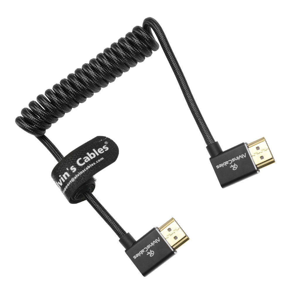 Alvin&#39;s Cables 8K 2.1 HDMI Cable 48Gbps 8K@60Hz 4K@120Hz High Speed Braided Coiled Cable for Sony A7 A9, BMPCC, for Canon C70, for Atomos Ninja, for Feelworld, Left to Left Angle, Black