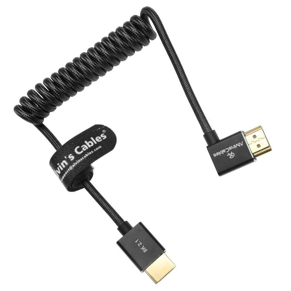 Alvin&#39;s Cables 8K HDMI 2.1 Cable for Atomos Ninja V Monitor,for Sony FS5 FS7,BMPCC,for Canon C300 C500 Camera,8K@60Hz 4K@120Hz 48Gbps High-Speed Braided Coiled Cable Left Angle Black