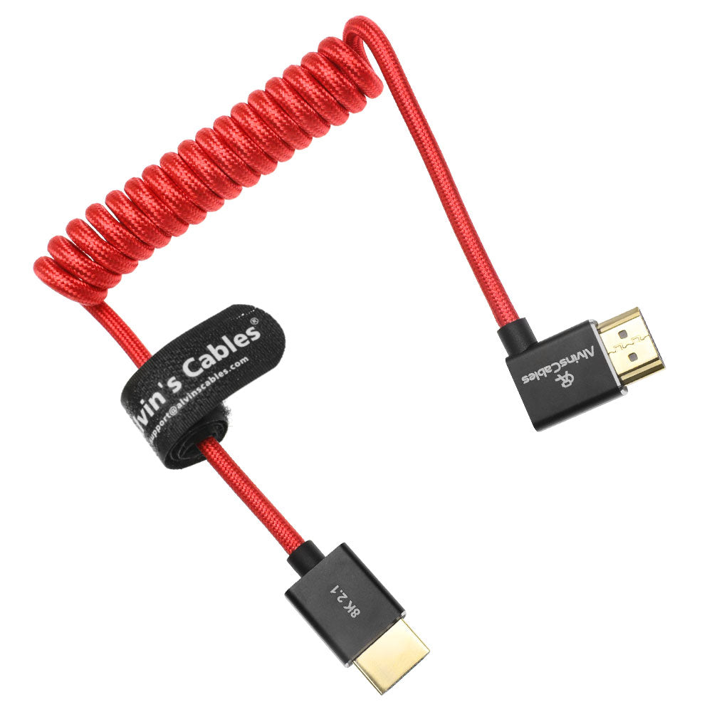 Alvin&#39;s Cables 8K HDMI 2.1 Cable for Atomos Ninja V Monitor,for Sony FS5 FS7,BMPCC,for Canon C300 C500 Camera,8K@60Hz 4K@120Hz 48Gbps High-Speed Braided Coiled Cable Left Angle Red
