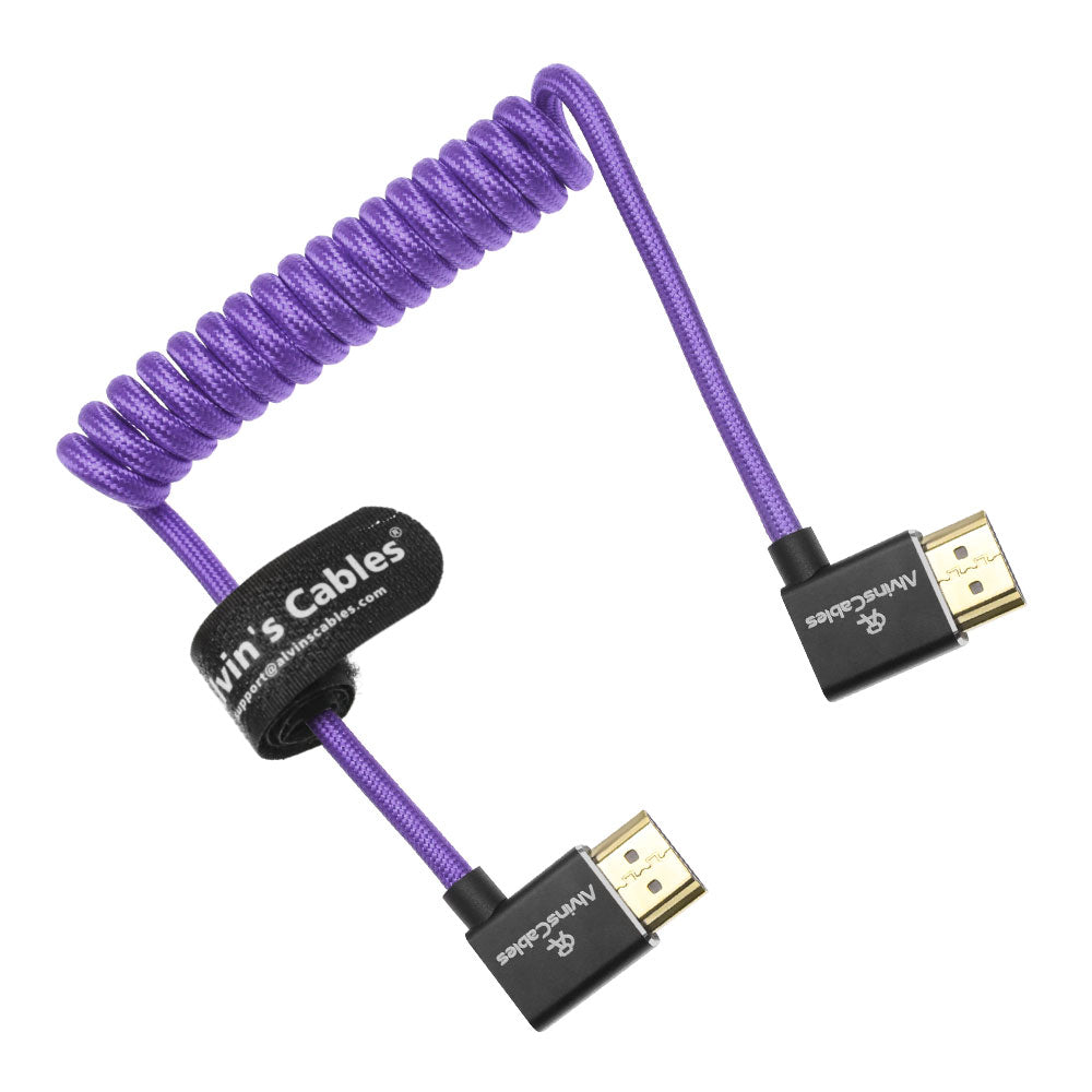 Alvin&#39;s Cables 8K 2.1 HDMI Cable 48Gbps 8K@60Hz 4K@120Hz High Speed Braided Coiled Cable for Sony A7 A9, BMPCC, for Canon C70, for Atomos Ninja, for Feelworld, Left to Left Angle, Purple