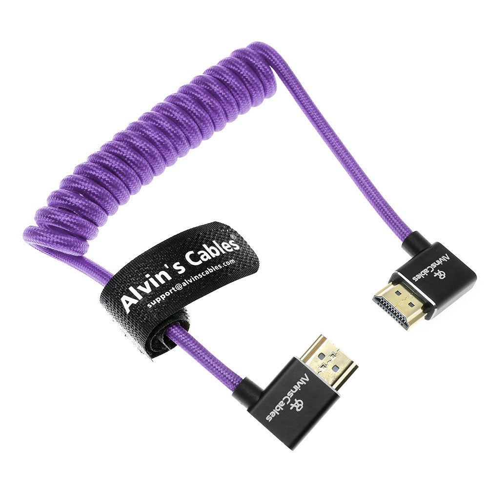 Alvin&#39;s Cables 8K HDMI 2.1 Cable 8K 60Hz 4K 120Hz High-Speed for Atomos Ninja Monitor,Left to Right Angle Braided Coiled Cable for Sony FS5 FS7 FX9,for Canon C300 C500,for Nikon Z9 Camera,Purple
