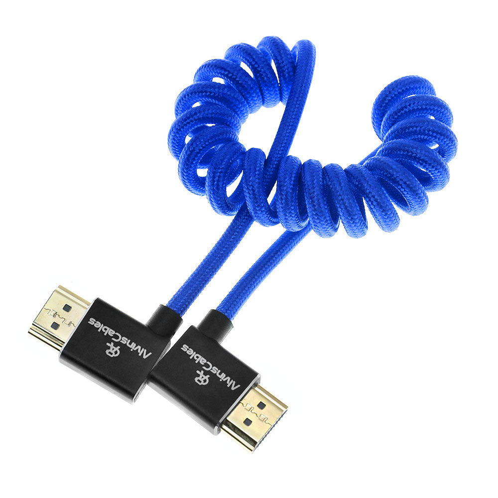 Alvin&#39;s Cables 8K HDMI 2.1 Cable 8K 60Hz 4K 120Hz High-Speed for Atomos Ninja Monitor,Left to Right Angle Braided Coiled Cable for Sony FS5 FS7 FX9,for Canon C300 C500,for Nikon Z9 Camera,Blue
