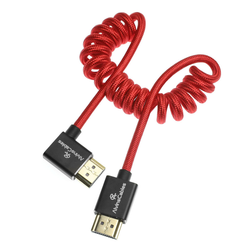 Alvin&#39;s Cables 8K HDMI 2.1 Cable for Atomos Ninja V Monitor,for Sony FS5 FS7,BMPCC,for Canon C300 C500 Camera,8K@60Hz 4K@120Hz 48Gbps High-Speed Braided Coiled Cable Left Angle Red