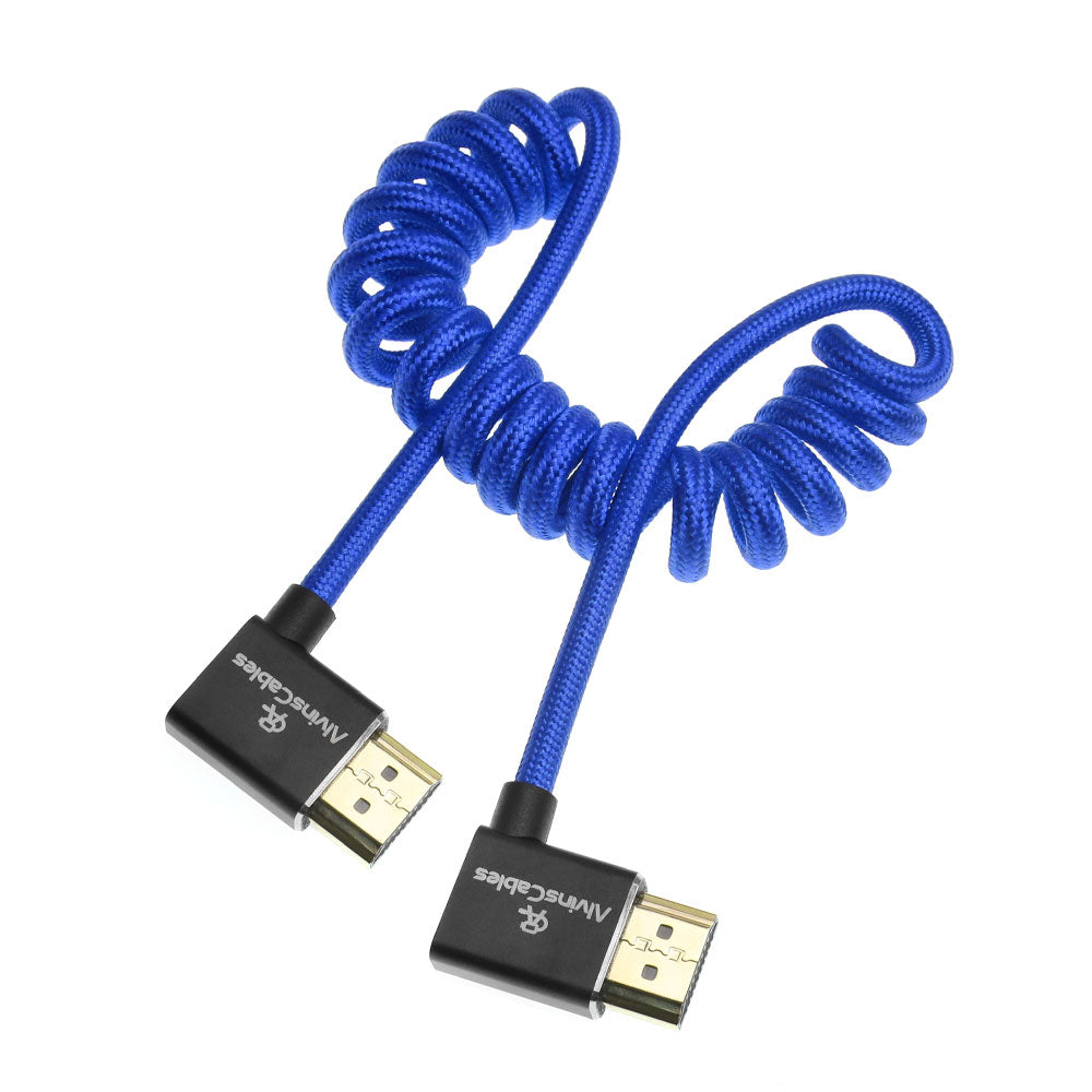 Alvin&#39;s Cables 8K 2.1 HDMI Cable 48Gbps 8K@60Hz 4K@120Hz High Speed Braided Coiled Cable for Sony A7 A9, BMPCC, for Canon C70, for Atomos Ninja, for Feelworld, Left to Left Angle, Blue