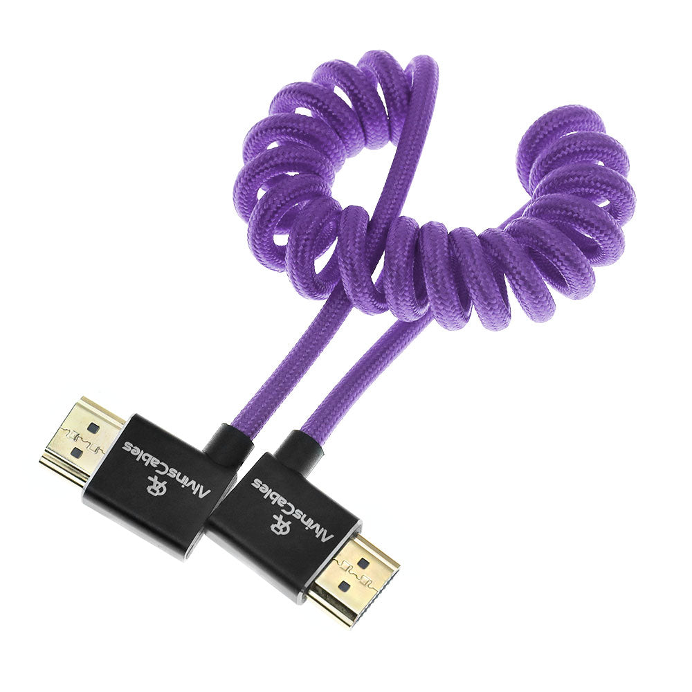 Alvin&#39;s Cables 8K HDMI 2.1 Cable 8K 60Hz 4K 120Hz High-Speed for Atomos Ninja Monitor,Left to Right Angle Braided Coiled Cable for Sony FS5 FS7 FX9,for Canon C300 C500,for Nikon Z9 Camera,Purple