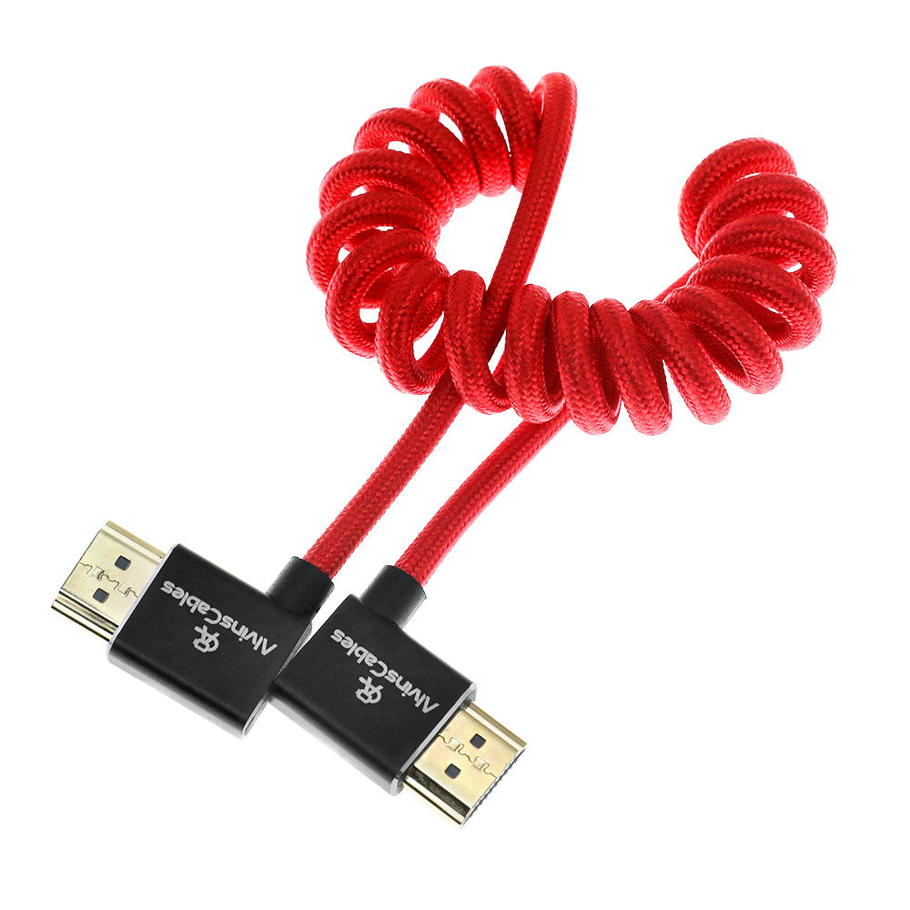 Alvin&#39;s Cables 8K HDMI 2.1 Cable 8K 60Hz 4K 120Hz High-Speed for Atomos Ninja Monitor,Left to Right Angle Braided Coiled Cable for Sony FS5 FS7 FX9,for Canon C300 C500,for Nikon Z9 Camera,Red