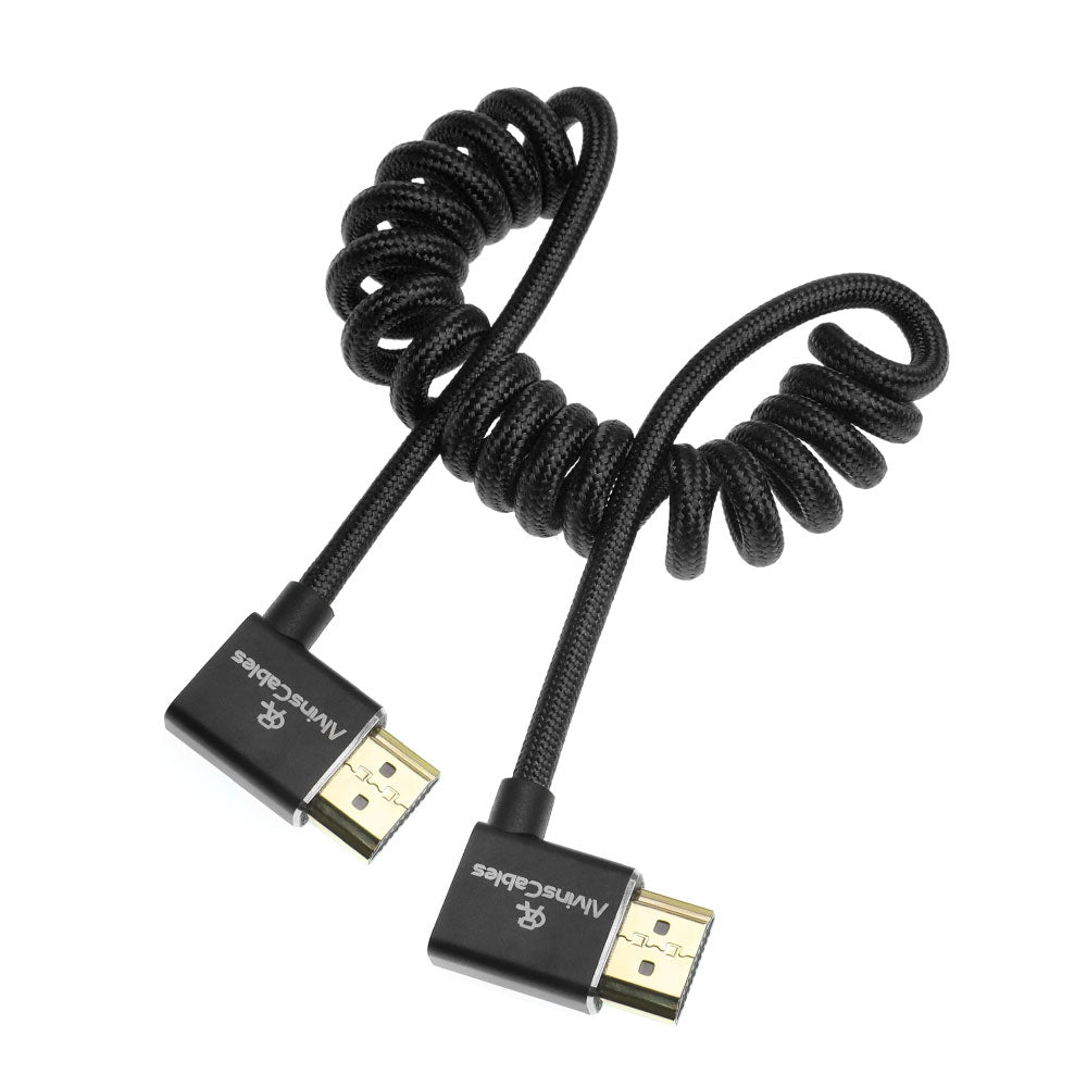 Alvin&#39;s Cables 8K 2.1 HDMI Cable 48Gbps 8K@60Hz 4K@120Hz High Speed Braided Coiled Cable for Sony A7 A9, BMPCC, for Canon C70, for Atomos Ninja, for Feelworld, Left to Left Angle, Black