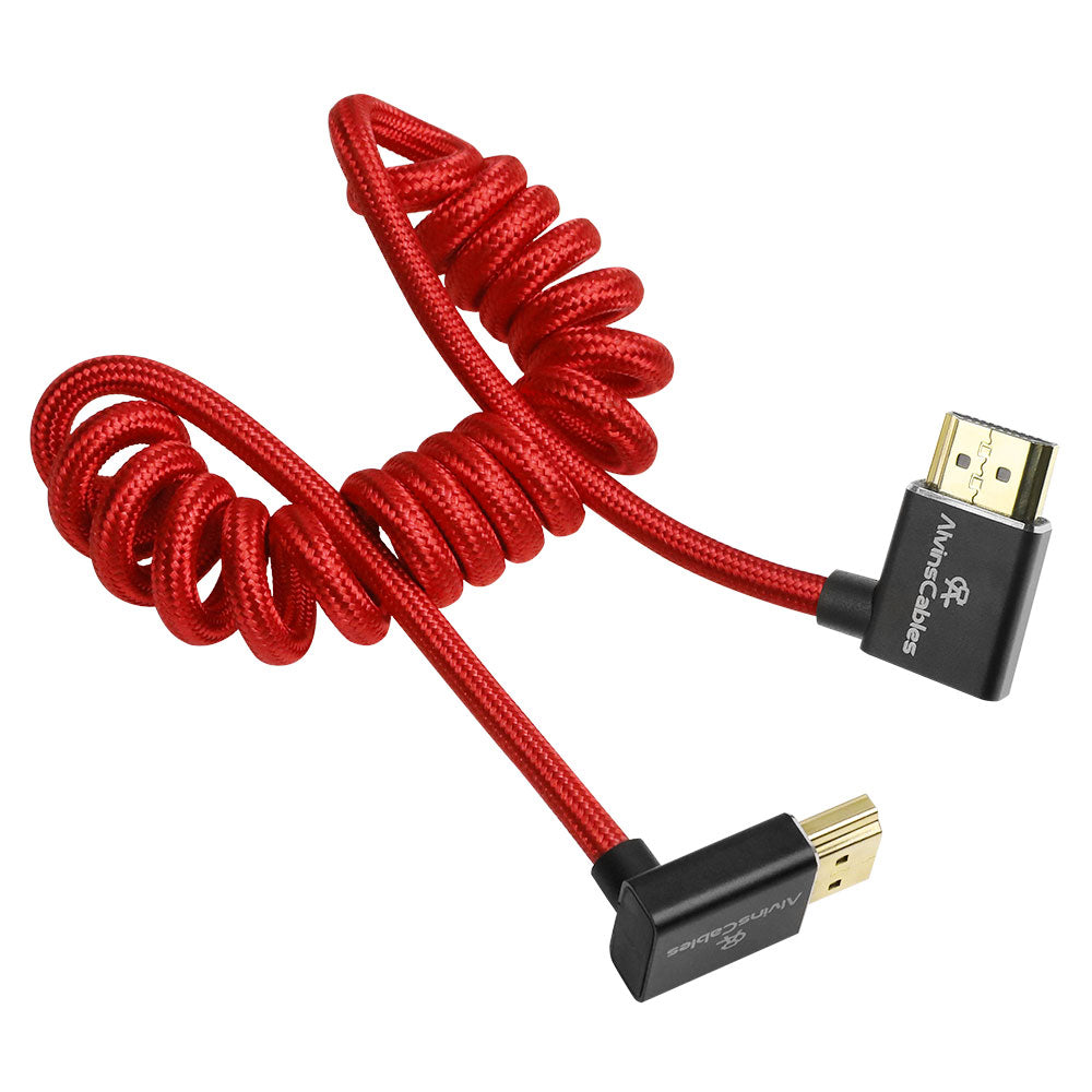 Alvin&#39;s Cables 8K HDMI 2.1 Cable 8K@60Hz 4K@120Hz High-Speed Braided Coiled Cable for Atomos Ninja,for Feelworld,for Sony FS5 FS7 FX9,BMPCC,for Canon C300 C500,Left to Up Angle Red