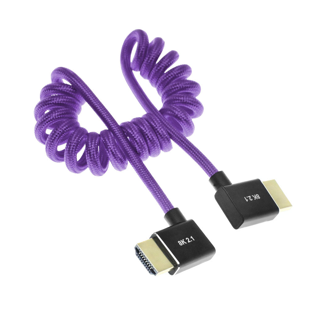 Alvin&#39;s Cables 8K HDMI 2.1 Cable 8K 60Hz 4K 120Hz High-Speed for Atomos Ninja Monitor,Left to Right Angle Braided Coiled Cable for Sony FS5 FS7 FX9,for Canon C300 C500,for Nikon Z9 Camera,Purple