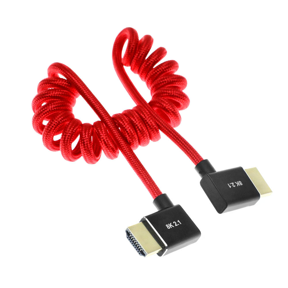 Alvin&#39;s Cables 8K HDMI 2.1 Cable 8K 60Hz 4K 120Hz High-Speed for Atomos Ninja Monitor,Left to Right Angle Braided Coiled Cable for Sony FS5 FS7 FX9,for Canon C300 C500,for Nikon Z9 Camera,Red