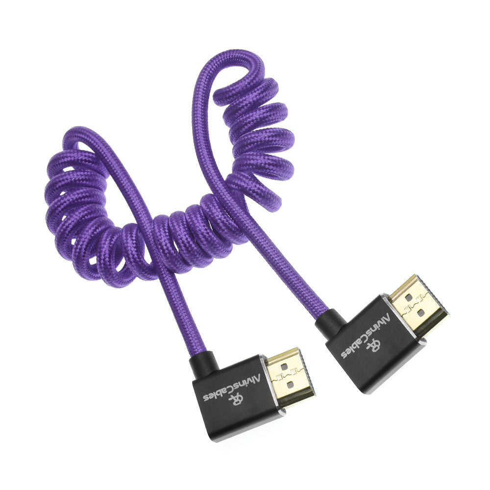 Alvin&#39;s Cables 8K 2.1 HDMI Cable 48Gbps 8K@60Hz 4K@120Hz High Speed Braided Coiled Cable for Sony A7 A9, BMPCC, for Canon C70, for Atomos Ninja, for Feelworld, Left to Left Angle, Purple