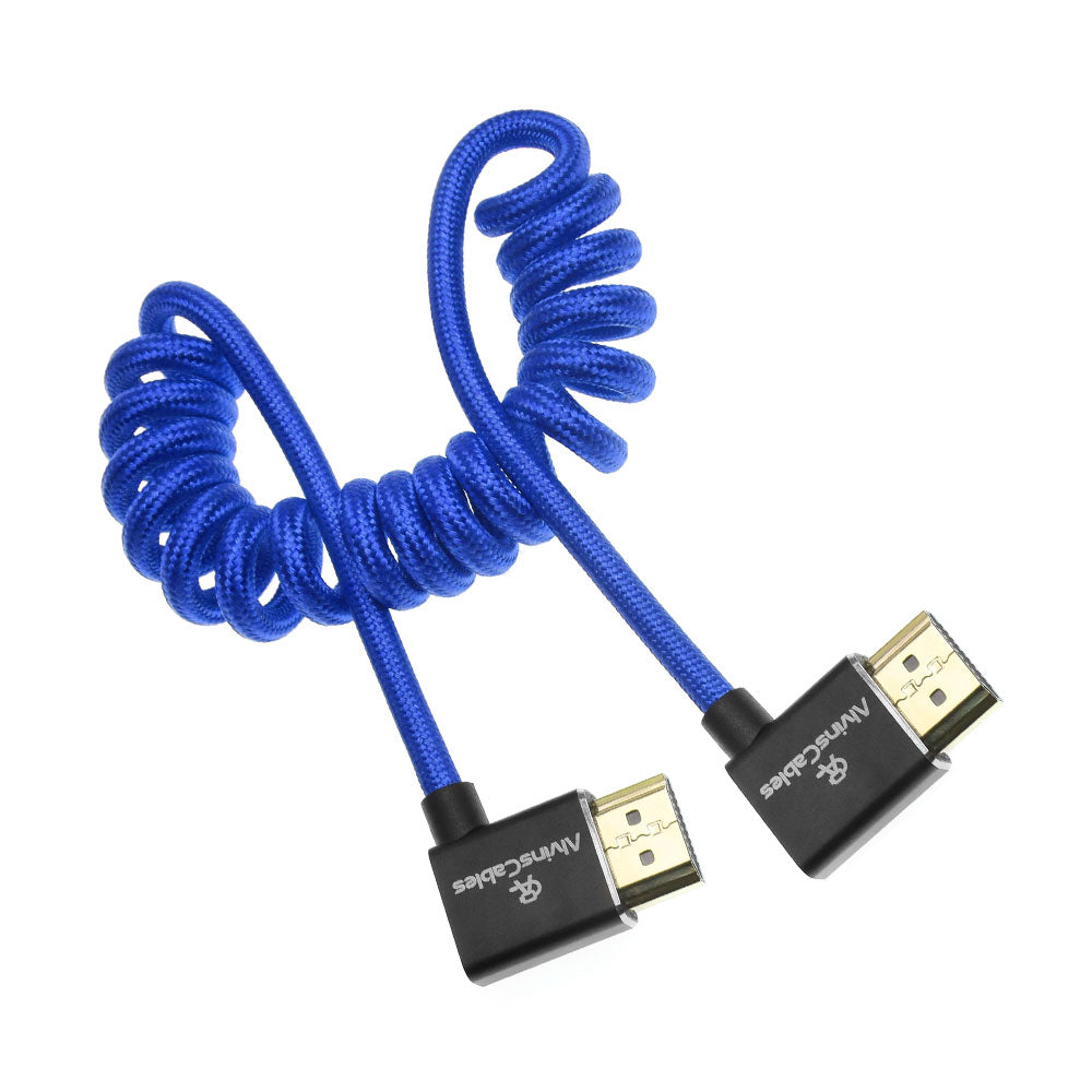 Alvin&#39;s Cables 8K 2.1 HDMI Cable 48Gbps 8K@60Hz 4K@120Hz High Speed Braided Coiled Cable for Sony A7 A9, BMPCC, for Canon C70, for Atomos Ninja, for Feelworld, Left to Left Angle, Blue