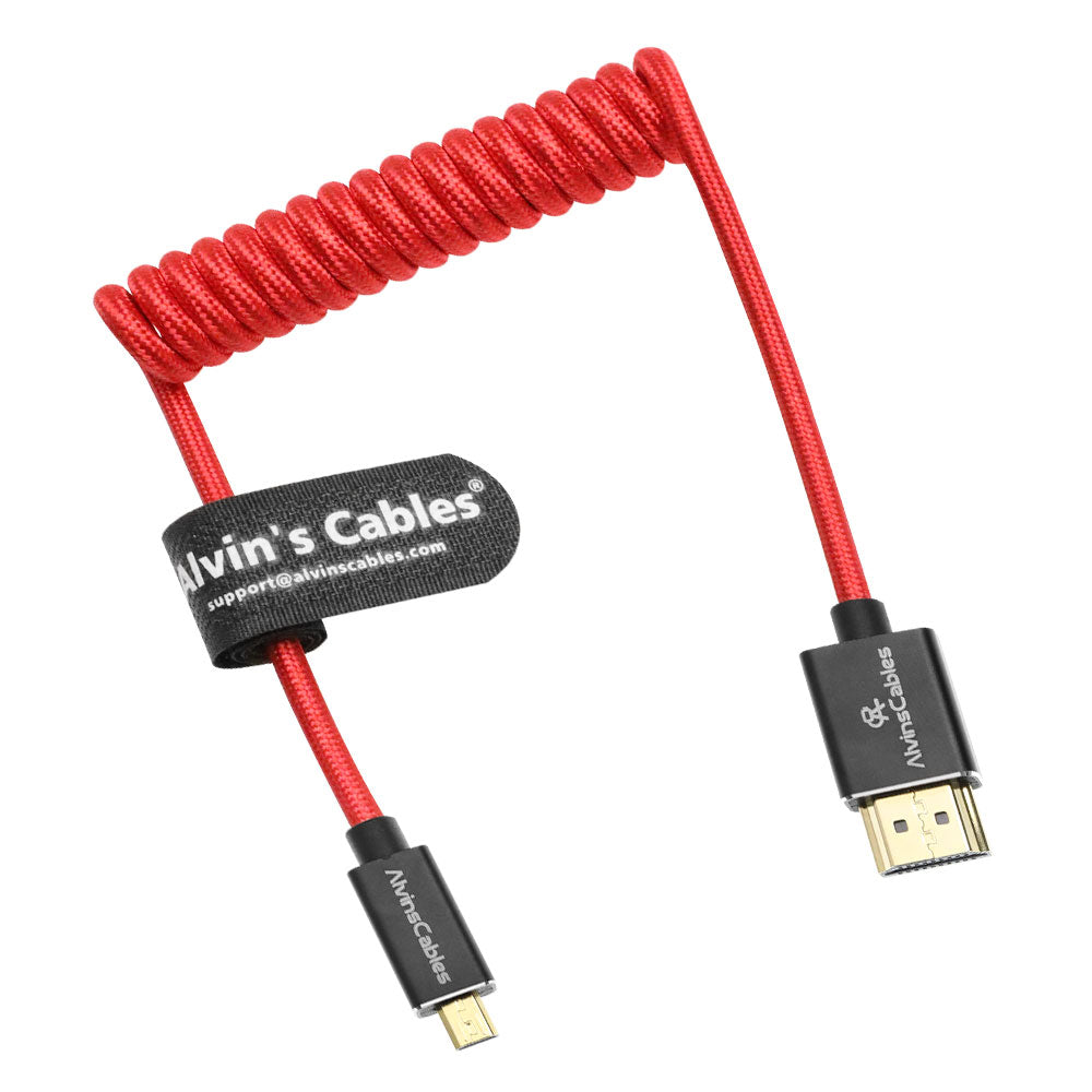 Alvin&#39;s Cables 8K 2.1 Micro HDMI to HDMI Coiled Cable for Atomos Ninja V, 8K@60Hz 4K@60Hz High-Speed HDMI Cable for Sony A7RIII A7II A7M3, for Canon R5 M6, for FUJIFILM X-T4 X-T3, Braided Red