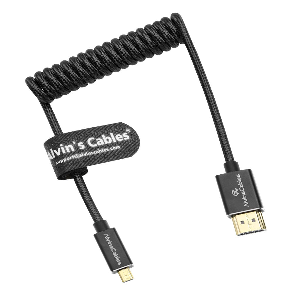 Alvin&#39;s Cables 8K 2.1 Micro HDMI to HDMI Coiled Cable for Atomos Ninja V, 8K@60Hz 4K@60Hz High-Speed HDMI Cable for Sony A7RIII A7II A7M3, for FUJIFILM X-T4 X-T3, Braided Black