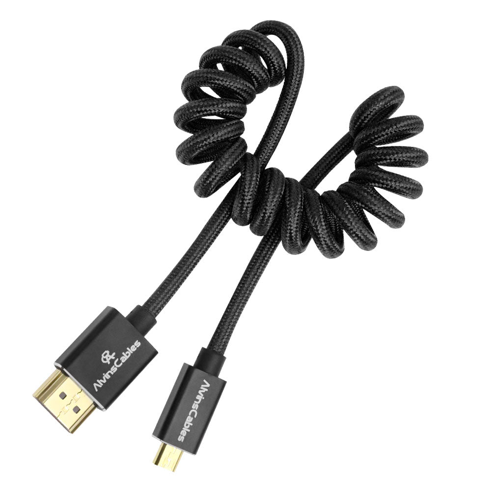Alvin&#39;s Cables 8K 2.1 Micro HDMI to HDMI Coiled Cable for Atomos Ninja V, 8K@60Hz 4K@60Hz High-Speed HDMI Cable for Sony A7RIII A7II A7M3, for FUJIFILM X-T4 X-T3, Braided Black